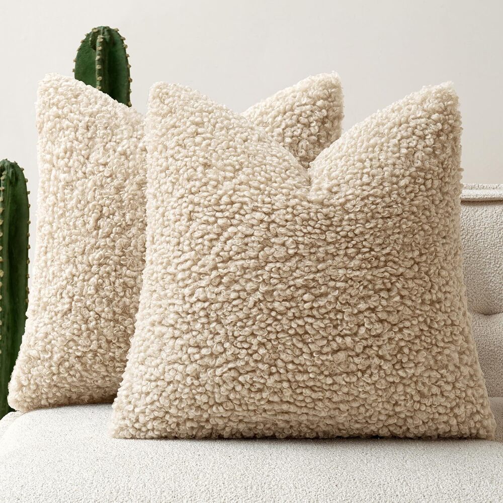 1970 Faux Fur Throw Pillow Covers 18x18 Inch Set of 2 Boucle Neutral